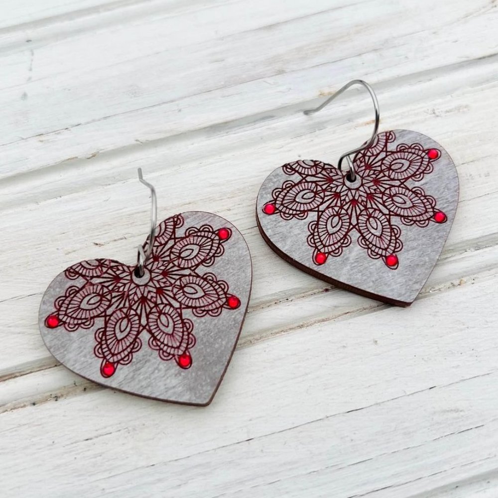 Valentines wood heart dangle earrings